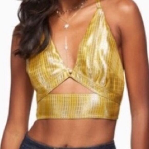 RAMY BROOK Crop Top Halter Adriana Silk Metallic Gold Silver Size 10 - Picture 3 of 10